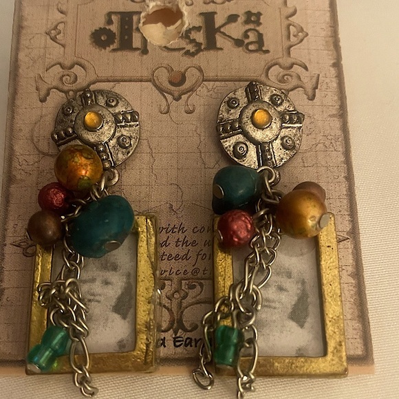 Multicolor Beaded Dangle Photo Insert Pierced Earrings - Picture 1 of 6